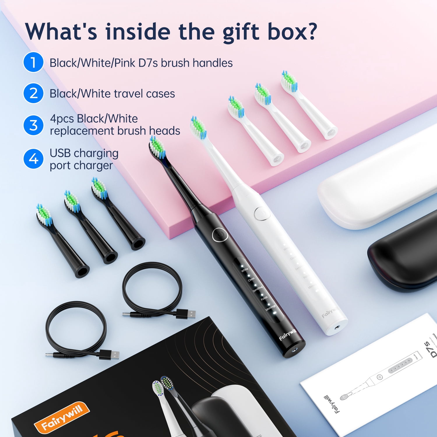 Fairywill Electric Toothbrush for Adults,Dual Pack with Travel Case 60 Day Battery Sonic Toothbrush,47,000 VPM 5 Modes IPX7 Waterproof 8 Brush Heads for Couples Family,Black & White
