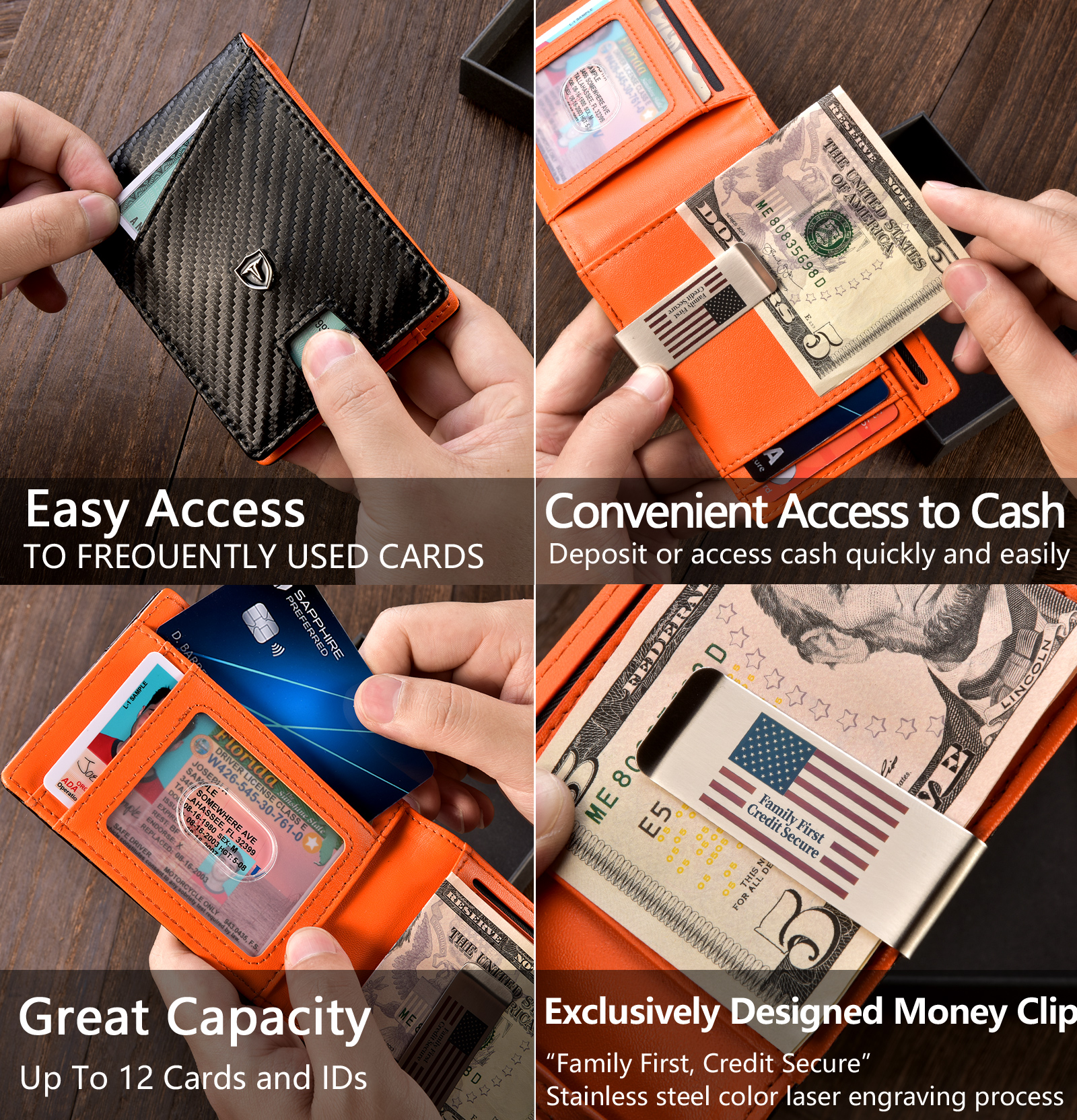 Slim RFID Blocking Leather Money Clip Wallet For Men – Credit Card Holder With Zipper