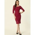 thumbnail image 4 of DARING DIVA Lace 3/4 Sleeve Dress Square Neck Midi Straight Tired XS Wine Red, 4 of 6