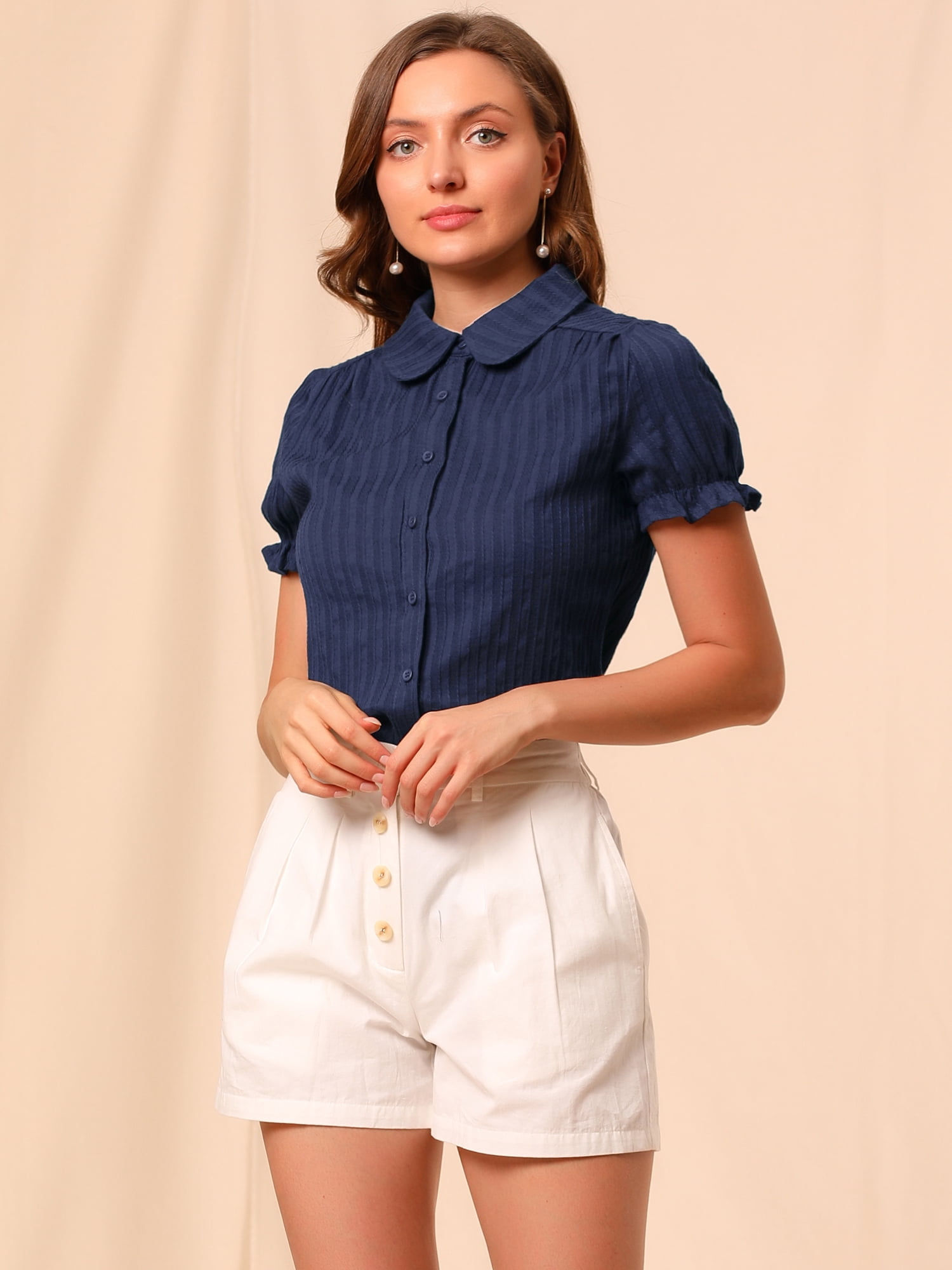 DARING DIVA Women's Cotton Frilled Peter Pan Collar Blouse M Blue