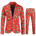 thumbnail image 2 of Conjunto de 2 piezas de chaqueta y pantalón con estampado de Papá Noel y árbol de Navidad rojo para hombre, para fiesta de noche, con un botón, blazer y pantalón, 2 of 5