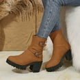 thumbnail image 2 of Women's Ankle Boots Platform Lug Sole Riding Booties Vintage Leather Buckle Strap Back Zipper Mid Calf Boots Yellow 8, 2 of 6