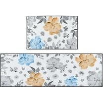 Floral Kitchen Rugs and Mats Non Skid Washable Set of 2, Grey Blue Orange Flowers Kitchen Floor Mats, Farmhouse Kitchen Runner Rug, Spring Kitchen Decor