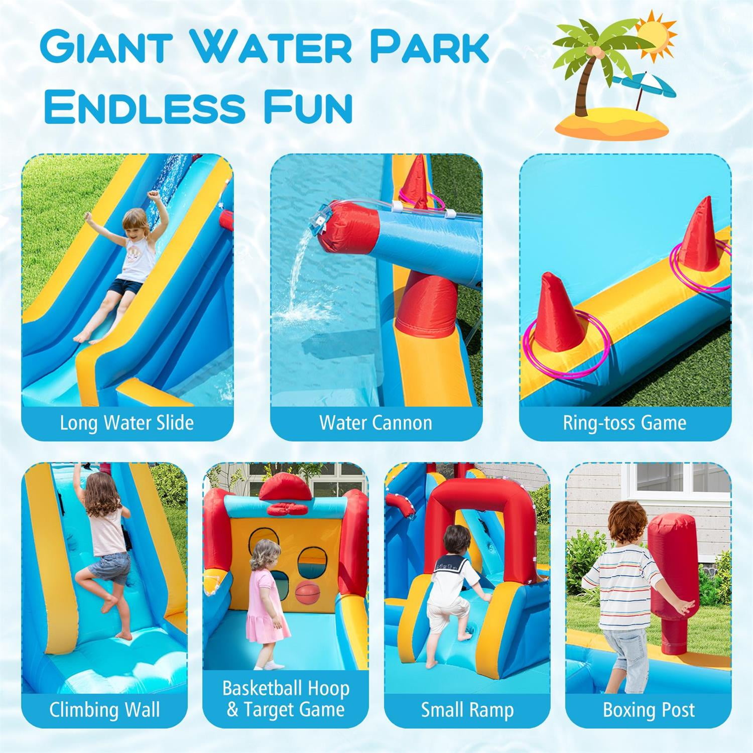 Demi Bonn 9-In-1 Giant Inflatable Water Slide, Climbing Wall + Obstacle Course + Sports Games, No Blower, Multicolor
