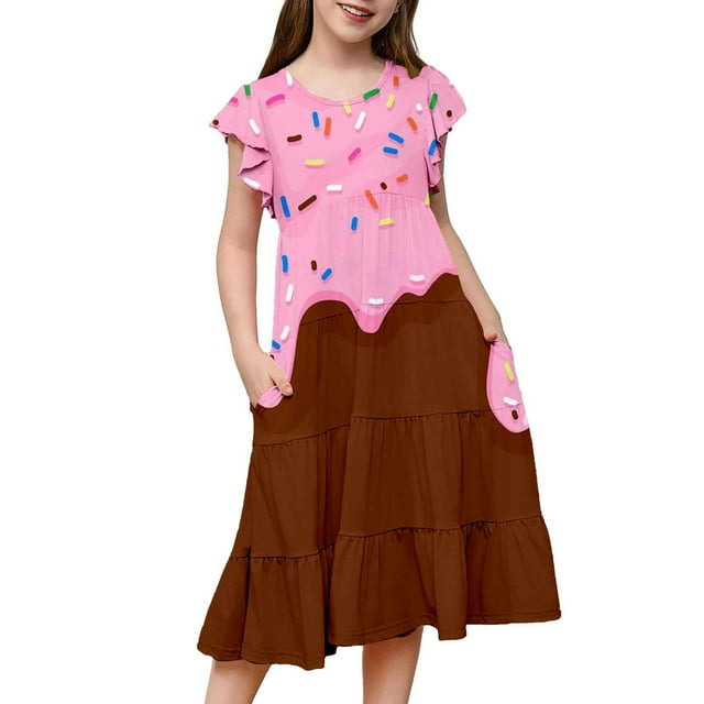 Liyamei Robe de Fête pour Adolescentes Manches Volantes Imprimés Fête de Vacances Robe de Princesse pour Enfants, 8-9 Ans