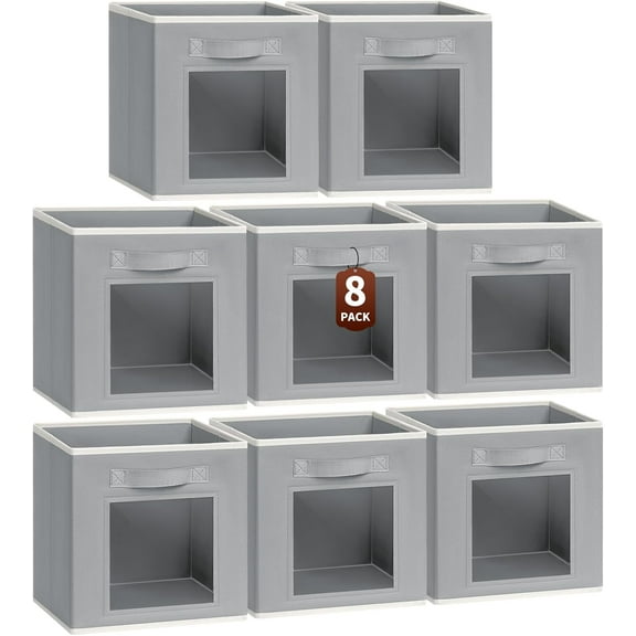Bins for Closet Organization - Cubby Storage Organizer with Window, Closet Baskets for Shelves, Folding Cubes for Storage, Storage Bins for Home, 11inch, Set of 8, Grey