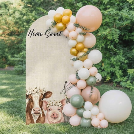 Home Sweet Home Arch Backdrop Cover 6.6 FT Watercolor Floral Cow Pig Donkey Linen Texture Wedding Arch Cover Stretchy Backdrop Stands Covers for Birthday Party Ceremony Banquet Decor