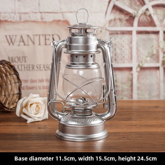 Nostalgic Retro Iron Glass Kerosene Lantern: Portable Vintage Handheld Decorative Prop for Outdoor Camping, Home Decoration with Protective Shade, Durable Classic Design (Silver)