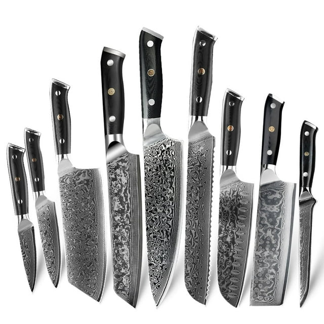 9Pcs Set Kitchen Knives Japanese Chef Knife Set Chef Damascus Stainless Steel Full Tang Statoku Knife Cleaver Knives Utility Paring Slicing Knife