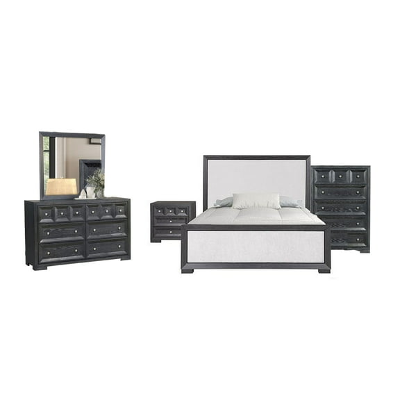 Kizie 5pc Queen Bedroom Set, Dresser Chest, Nightstand, Black n White