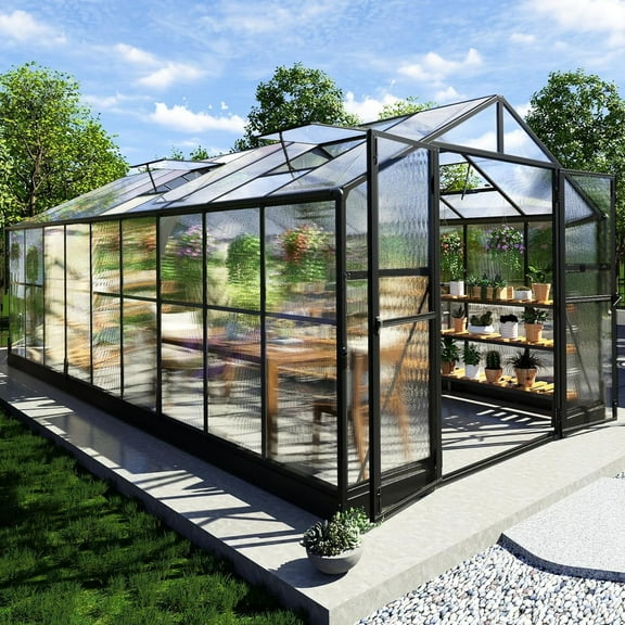 LUXOAK 8x17x7 ft Polycarbonate Greenhouse with Quick Connector, Swing Lockable Door, Vents, Black