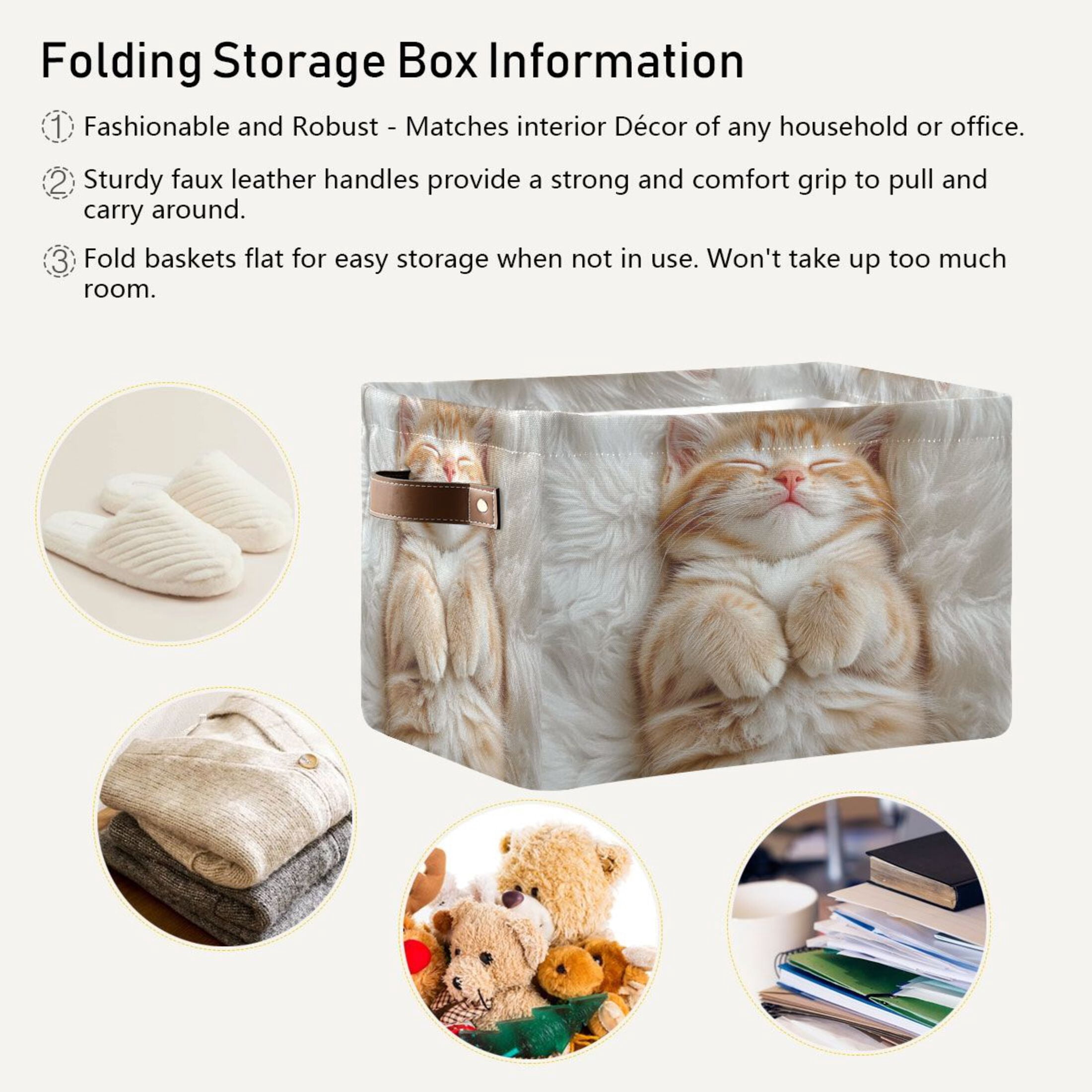 Cute Little Orange Cat Foldable Storage Basket,Canvas Fabric Foldable Storage Bins with Handles Open Home Storage Bins Boxes for Toy Book Shelf Closet Baskets