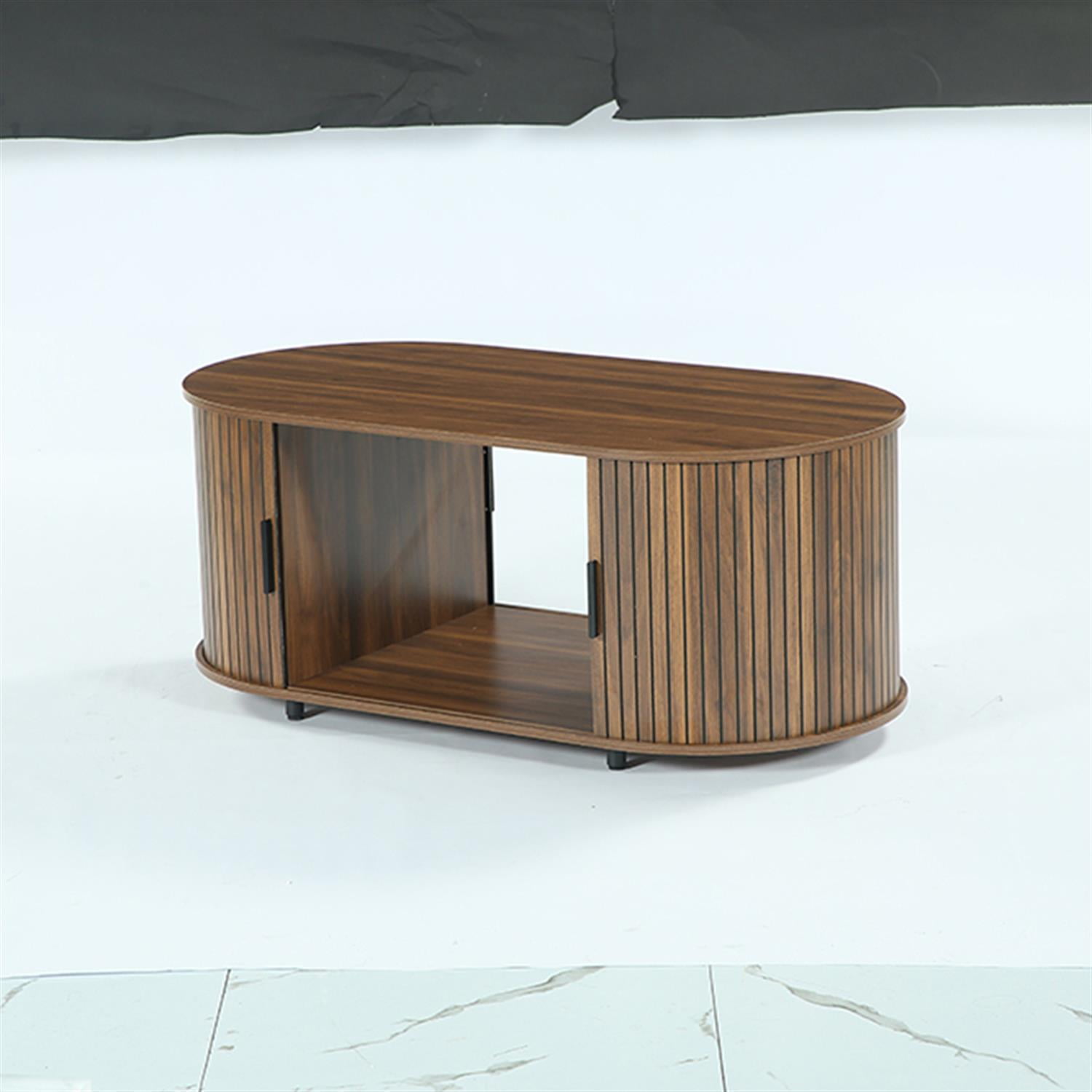 Demi Bonn 47" Coffee Table, Oval Center Table with Sliding Door for Home Living Room, Office, Brown