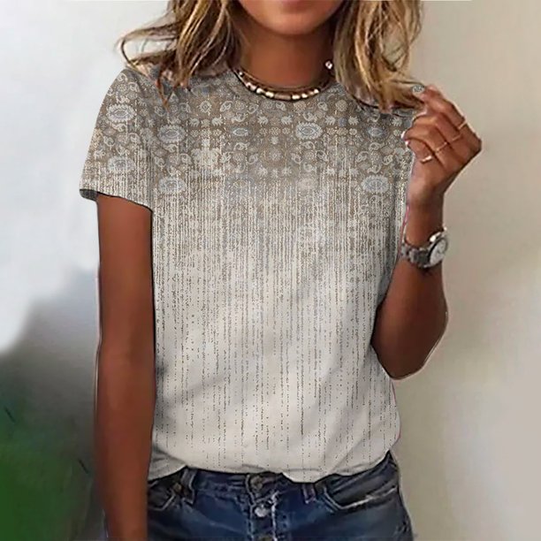 Fiudx Camisas de Mujer Camiseta Estampada a La Moda para Mujer, Blusa de Manga Corta, Tops Informales con Cuello Redondo