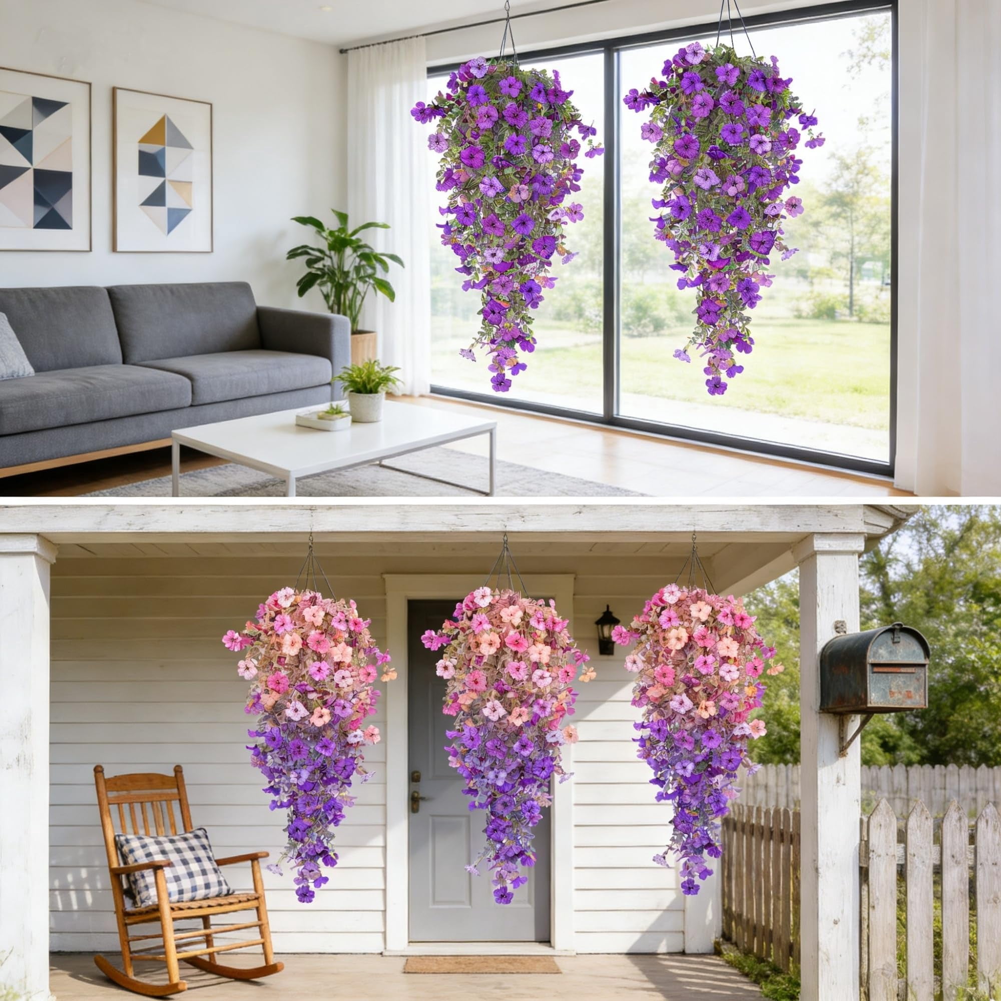 Faux Hanging Pansy Flowers for Outdoors – 6 Pcs UV Resistant Artificial Morning Glory Vine, 69 Blooms, 30″ Cascading Faux Plants for Porch, Garden, Patio Decor