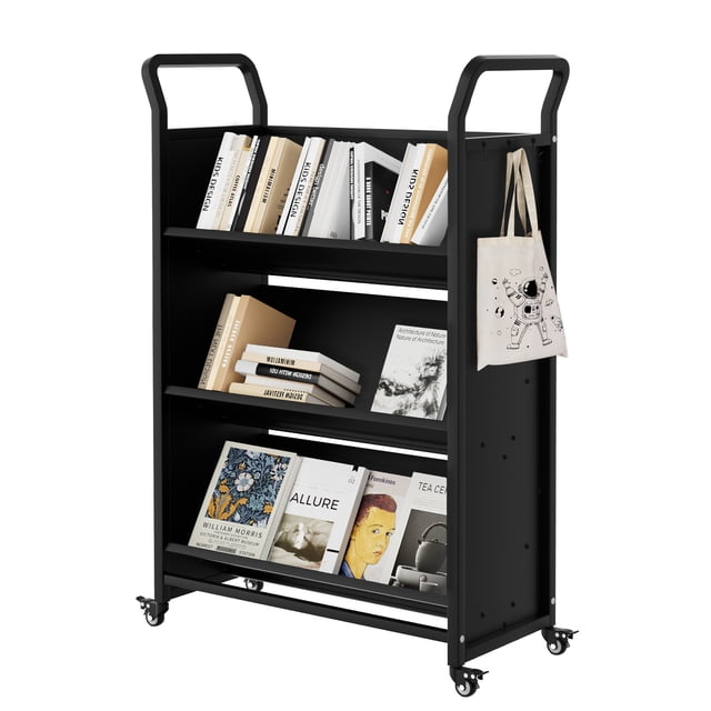 QinaQin Carrito librero con ruedas de alta resistencia, repisas en forma de V y ruedas con seguro, organizador móvil para biblioteca, oficina, escuela u hogar