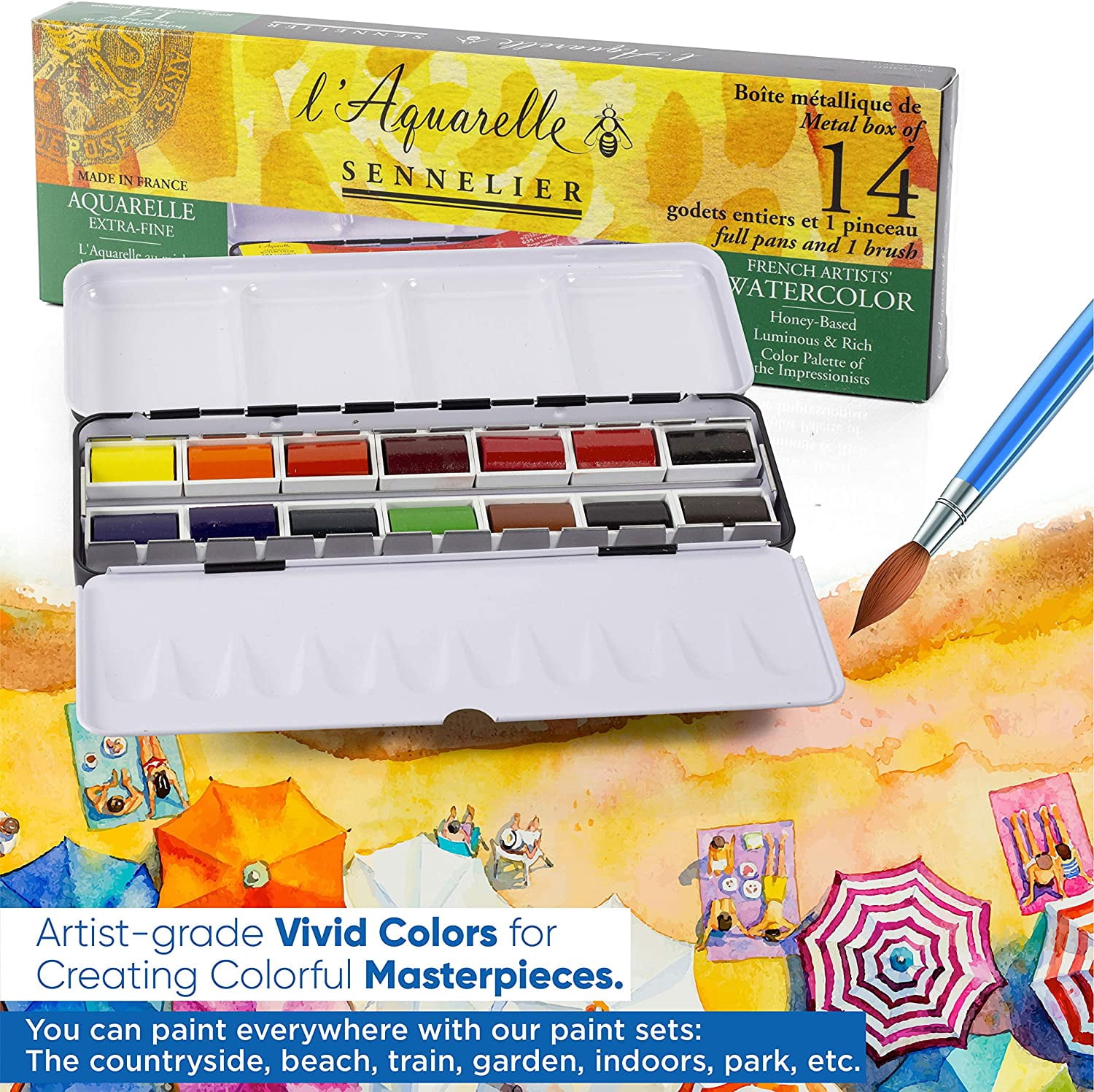 Sennelier French Artists' Watercolor Set - Metal Case, Set of 14 colors, pans