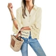 thumbnail image 3 of Womens 3/4 Bell Sleeve Button Down Shirts Casual Ruffle Hem Tops Eyelet Blouse Light Yellow M, 3 of 8