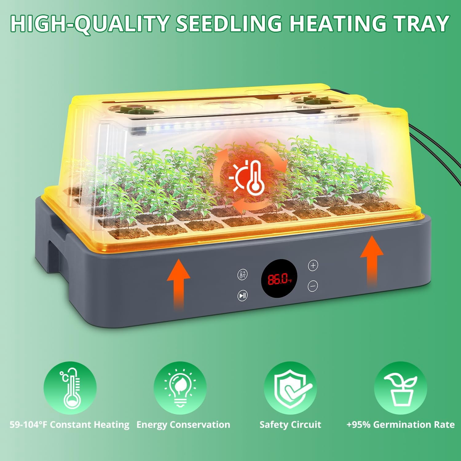 Adjustable Seed Starter Tray with Heated Germination Kit, Temperature Display, Humidity Dome, and Grow Light for Seedling Growth