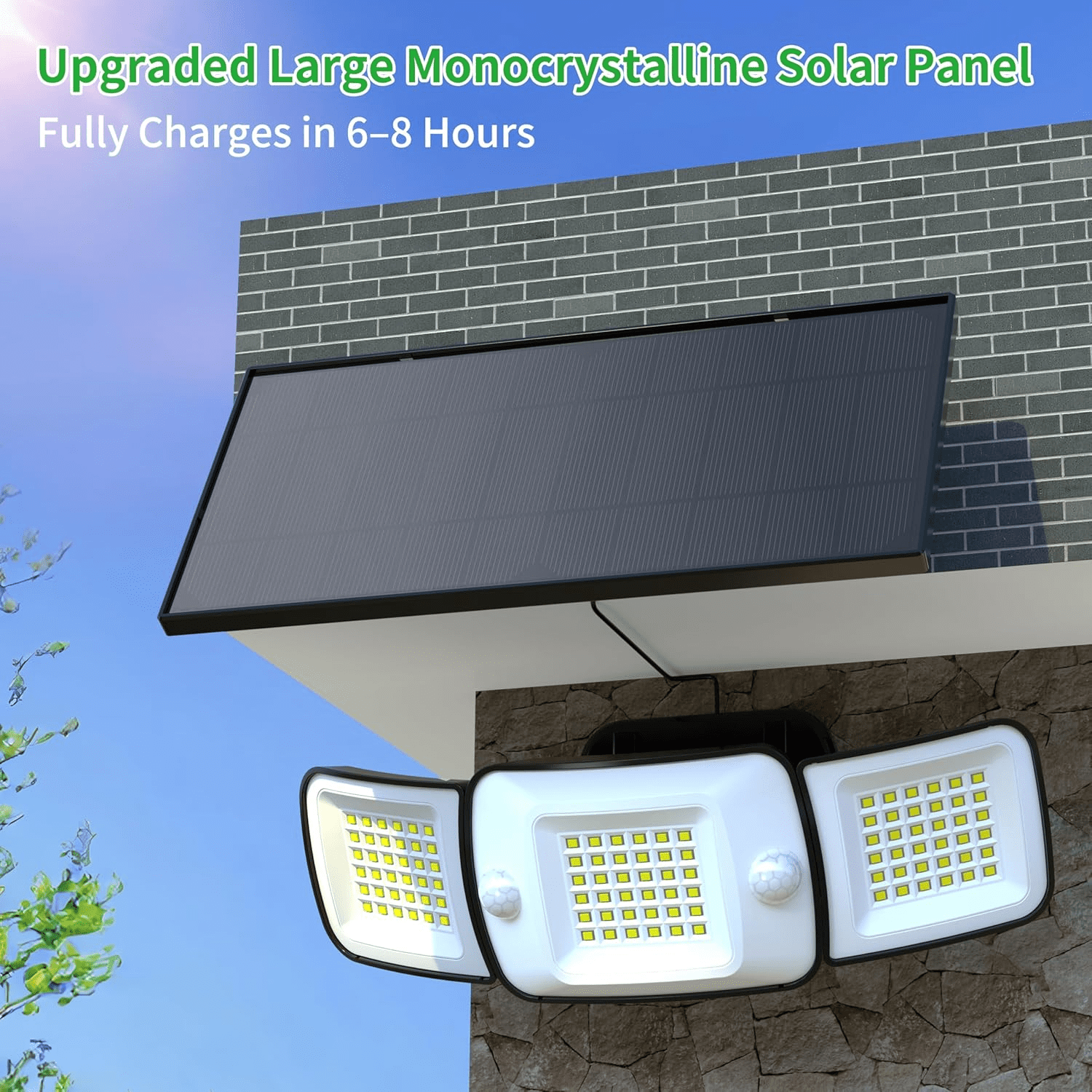 intelamp Solar Flood Light 6000mAh 1500LM Waterproof Motion Light with 108 LED Beads and 9.8ft Cable for Outdoors, 3-Head Safety Remote Light with 270° Wide-Angle for Courtyard Garage Fence - White