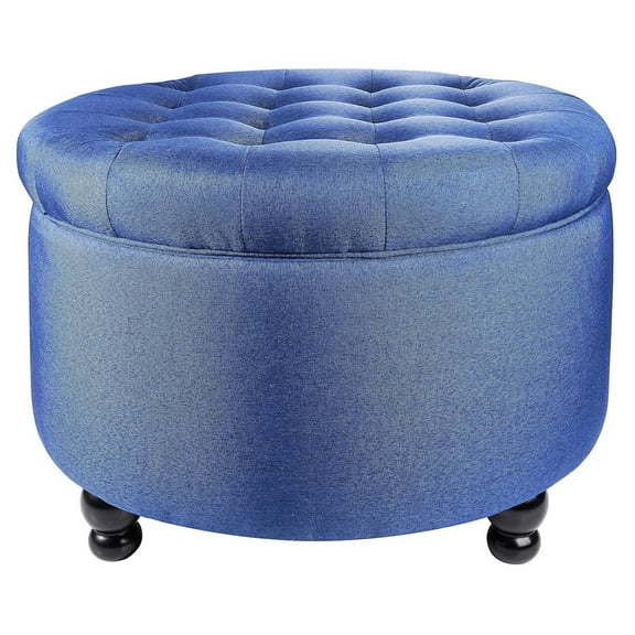 Elevon Large Round Storage Ottoman with Hidden Compartment, Upholstered Accent Ottoman for Living Room and Bedroom, Navy Blue / Blue / Grey