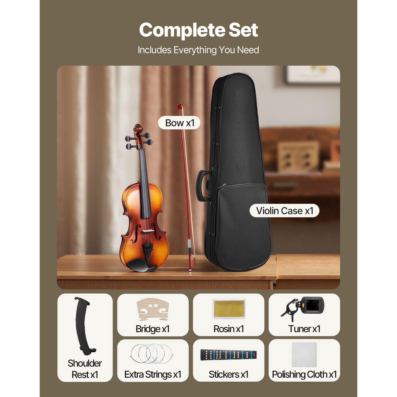 3/4 Size Violin for Adults Beginners Professional Fiddle Set with Hard Case Bow Rosin Shoulder Rest Tuner Bridge Extra Strings Brown