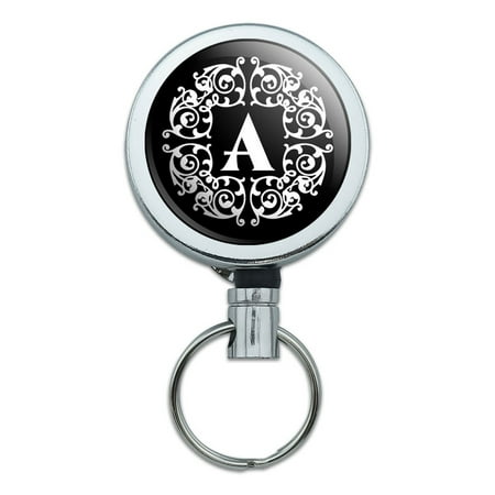 - Letter A Initial Black White Scrolls Retractable Belt Clip Badge Key Holder