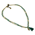 thumbnail image 2 of Gleaming Malachite Hand of Hamsa Green Tassel Brass Bead Necklace, 2 of 5