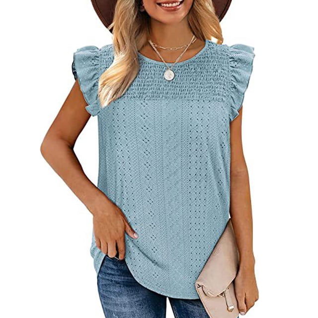Meichang Débardeurs pour Femmes Broderie Anglaise Chemises Tendance Manches Courtes Blouses pour Femmes Tenue Décontractée Printemps 2024 Col Rond Chemise Basique