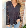 thumbnail image 5 of Women Cardigan Crochet Sweater Hollow Out Button Front V Neck Long Sleeve Knit Crop Sweater Top Black L, 5 of 7