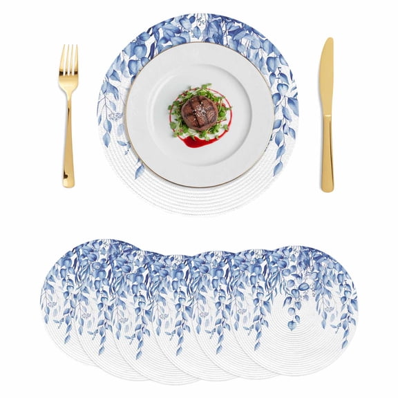 Eucalyptus Leaves Round 13 Inch Placemats Set of 6, Navy Blue Summer Botanical Weeping HeatResistant Non Slip Place Mats for Dining Table, Wipeable Braided Kitchen Table Mats for Housewarming