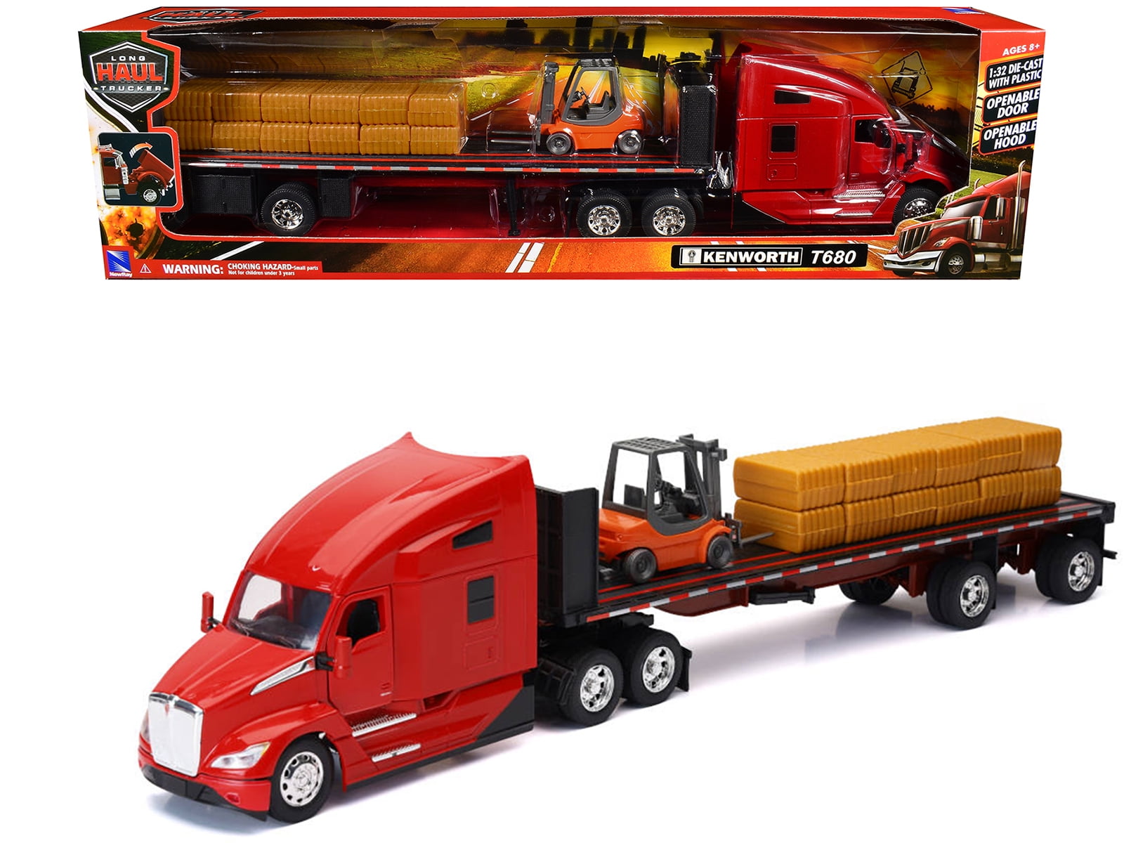 Kenworth T680 Truck Red and Flatbed Trailer with Forklift and Hay