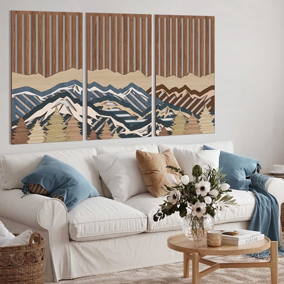 HPNIUB Modern Mountain Wooden Wall Art Nature Landscape Sculpture Wood Wall Decor Set of 3 for Living Room Bedroom Office 16x32 Inch