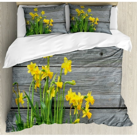 Yellow Flower Duvet Cover Set Bouquet Of Daffodils On Wood Planks