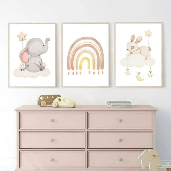 3Pcs Baby Girls Animal Nursery Wall Art Prints Cute Elephant Rabbit Cat Poster Rainbow Cloud Canvas Painting Infant Kids Room Decor Wall Pictures