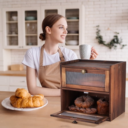 WEUVEB Kitchen Countertop Storage Wooden Bread Keeper With Front Windows 1 Set