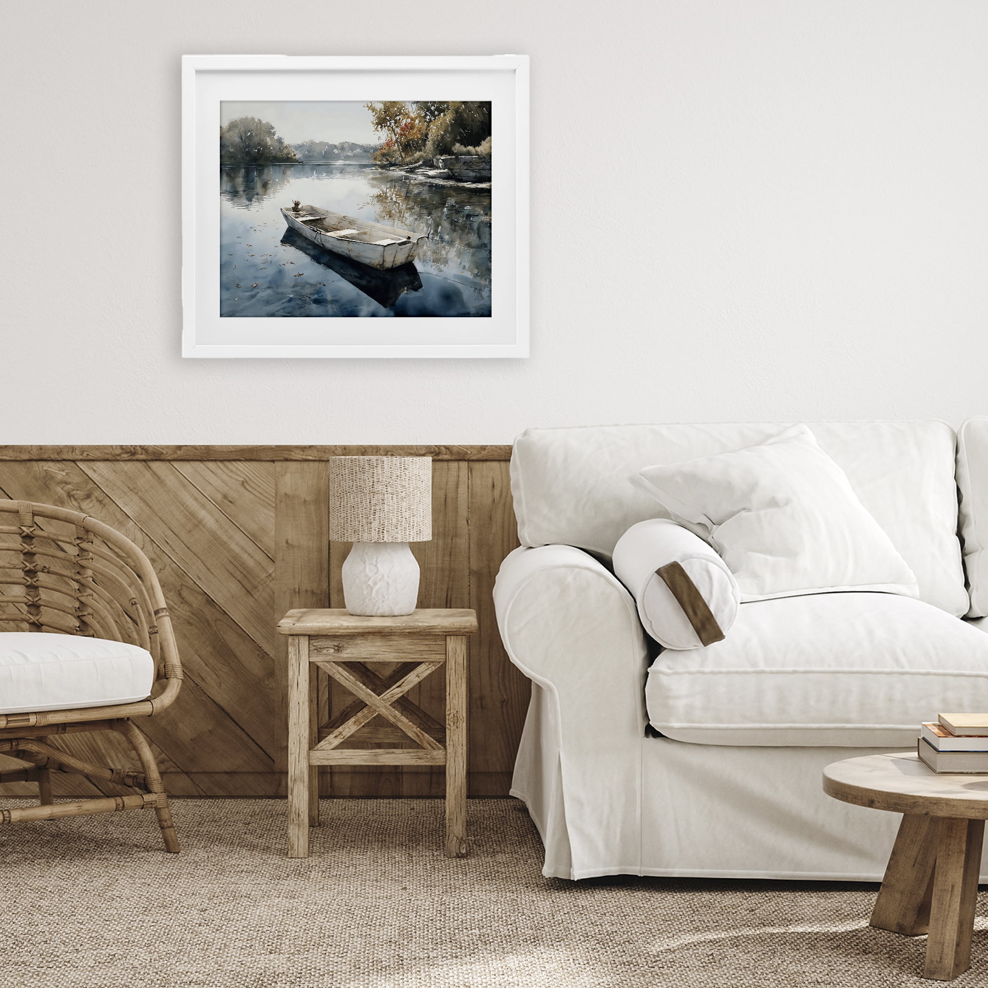Stupell Industries Boat Ride Through Autumn Reflections White Framed Print Under Glass, design by Franklyn Gregory