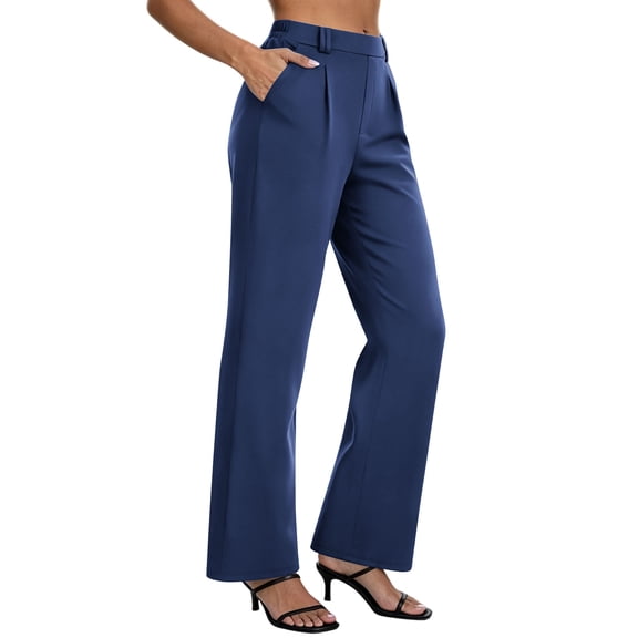 MaFYtyTPR Dress Pants for Women High Waist Pleated Straight Leg Strech Suit Trousers with Pockets for Business Daily Wear A-Navy L