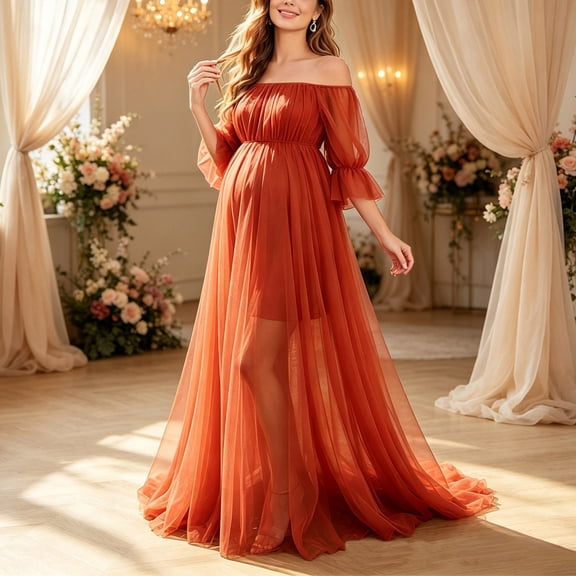 Karymi Off Shoulder Short Puff Sleeve Maternity Tulle Maxi Gown, Flowy Chiffon Tulle Split Pregnancy Dress, Formal Photography Long Dress Maxi Dresses for Women