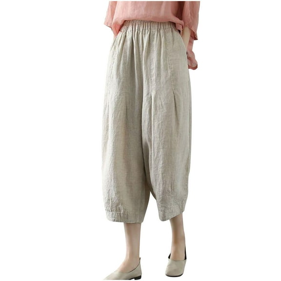 HomeGardon Capri Pants for Women,Linen Pants Women,Fashionable Solid Color Loose Elastic Waisted Lantern Pants Cotton and Linen Cropped Pants,M-XXXL