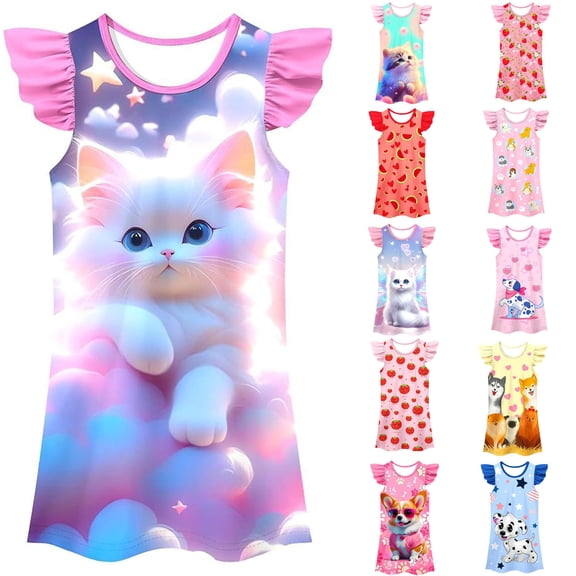 Toddler Dresses Summer Animal Print Flutter Sleeve Loose Fit Sleeping Gown Dress for Girls Blue 3-4 Years