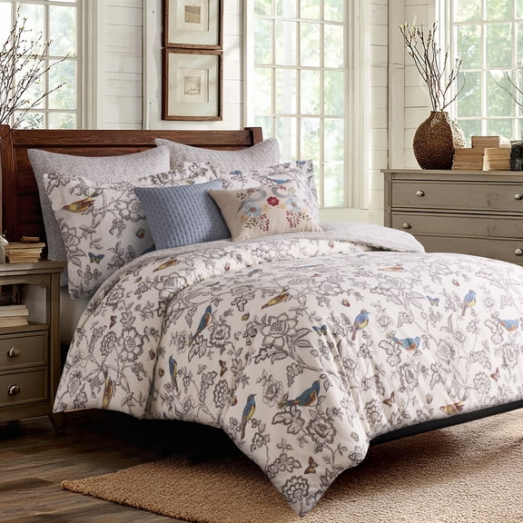 Levtex Home Mockingbird Reversible Twin Duvet Cover Set (68x88in) with 1 Pillowcase (26x20in) - Floral Birds - Charcoal - 100% Cotton Twin Size Duvet Cover Bedding Set - Soft, Pre-Washed