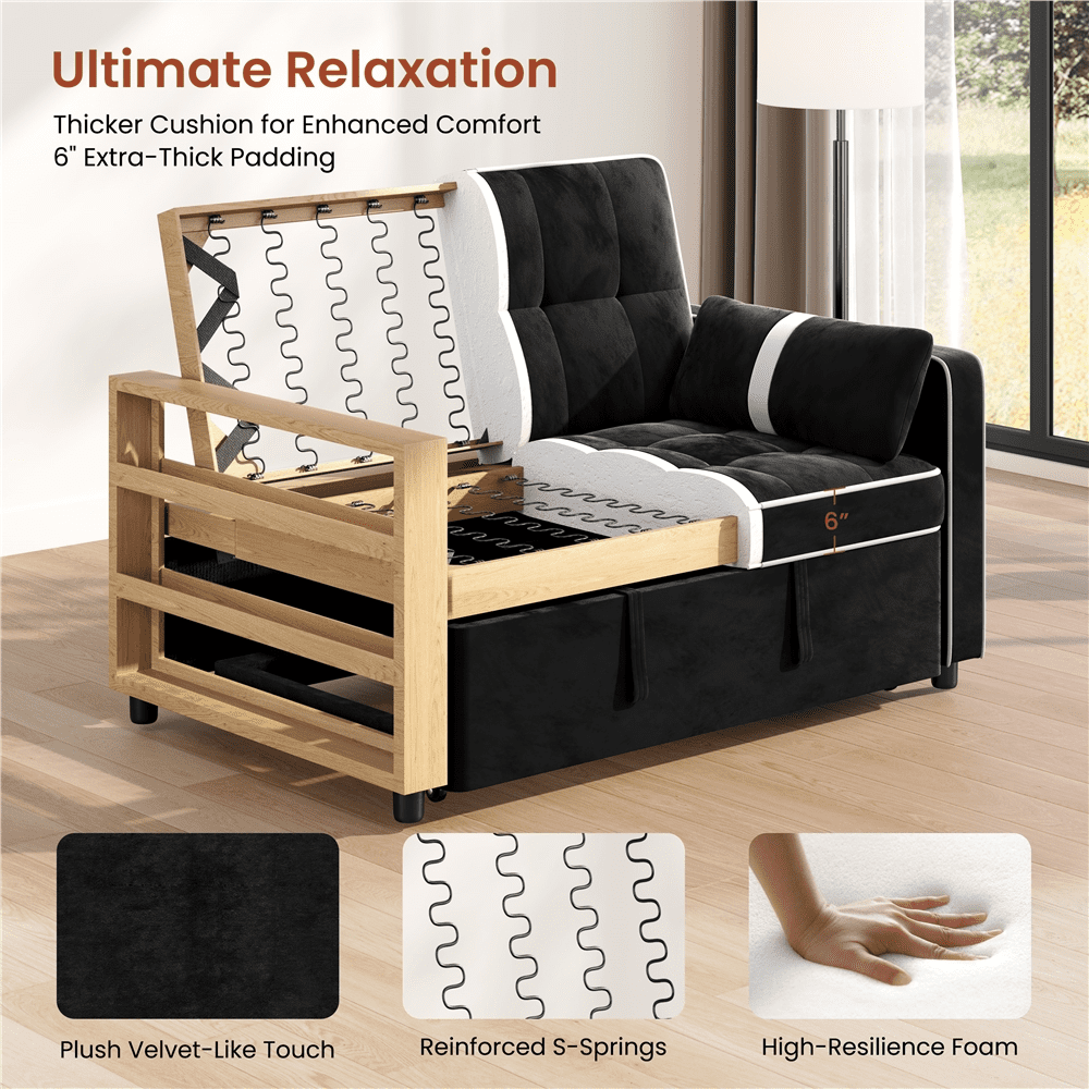 Renwick Convertible Sleeper Sofa Bed 3-in-1 Pull Out Couch Velvet Loveseat Couch with Adjustable Backrest, USB Ports, Side Pockets and Pillows for Living Room Bedroom, Black