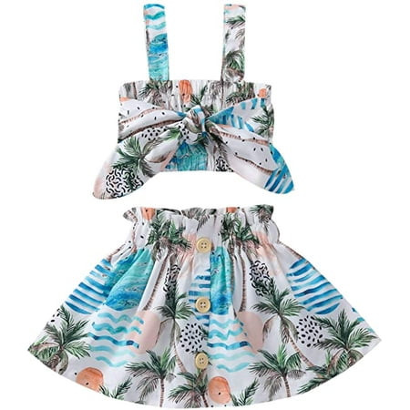 

Summer Kids Baby Girls Two-Piece Set Fresh Printing Suspender Tops and Button A-line Midi Skirt Beach Wear Clothes
