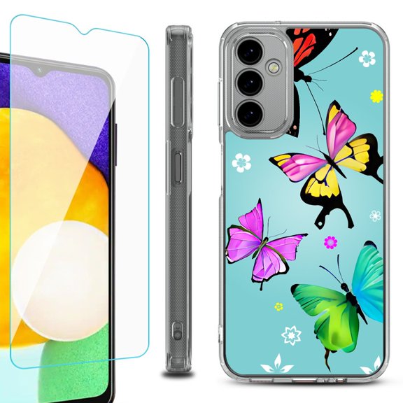 Shockproof Bumper Phone Case for Samsung Galaxy A14 5G, with Tempered Glass Screen Protector, by OneToughShield ® - Butterfly
