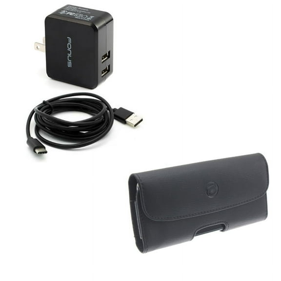 Black Leather Carry Case w 17W 3.4Amp 2-Port USB Home Charger 6ft Type-C Cable R4V Compatible With Google Pixel 3a XL