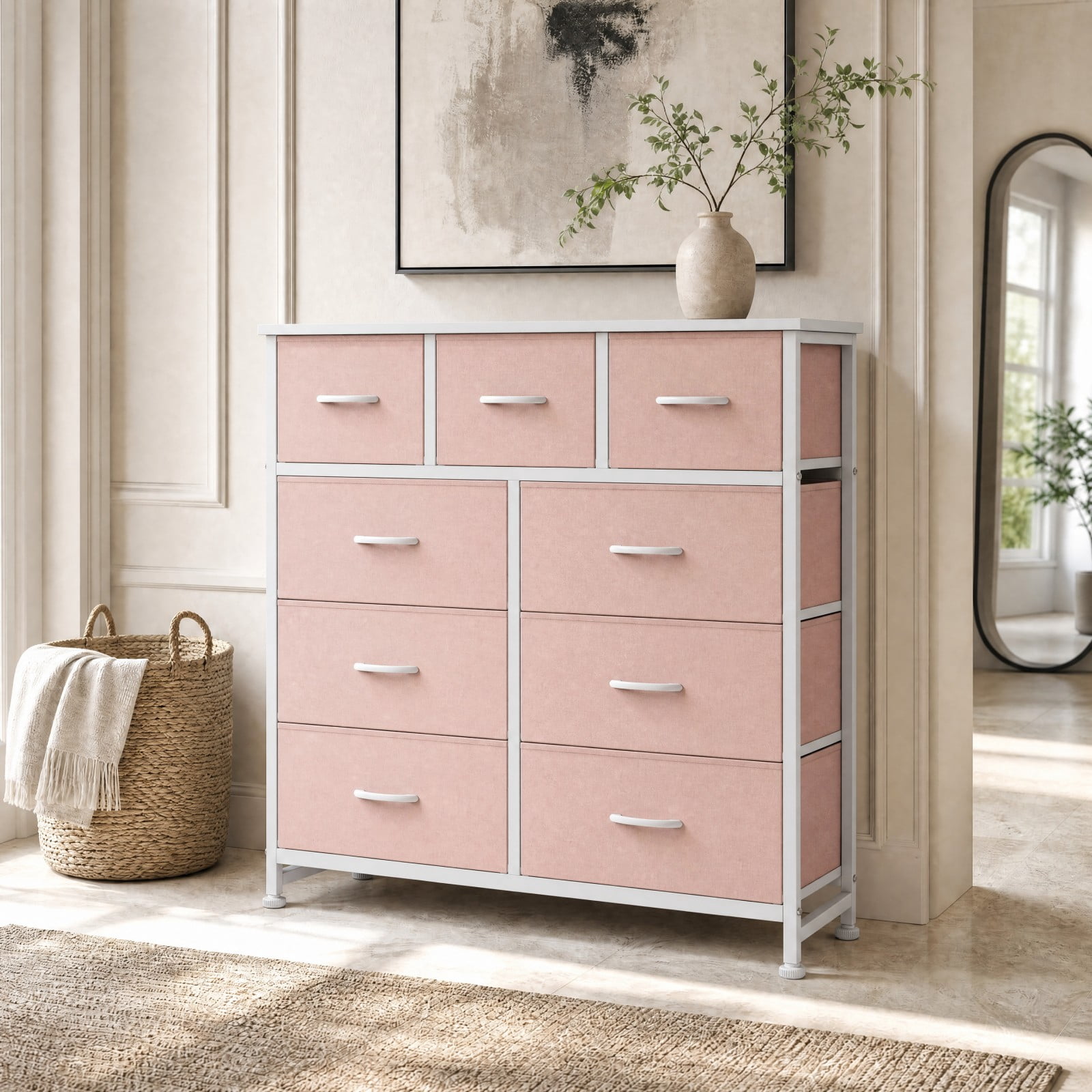 Telyra 9-Drawer Fabric Dresser Tall Storage Tower with Wood Top and Steel Frame Bedroom Closet Organizer, Pink