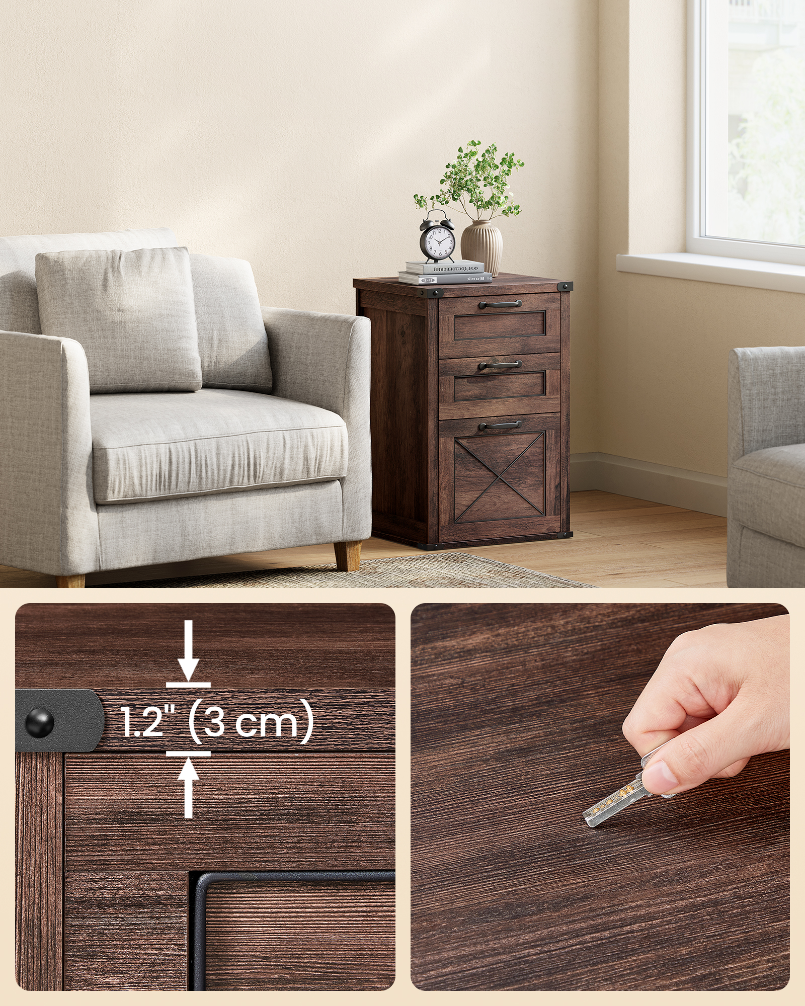 File Cabinet, 15.7"D x 17.7"W Filing Cabinet with 3 Drawers, Printer Stand for Home Office, Dark Brown