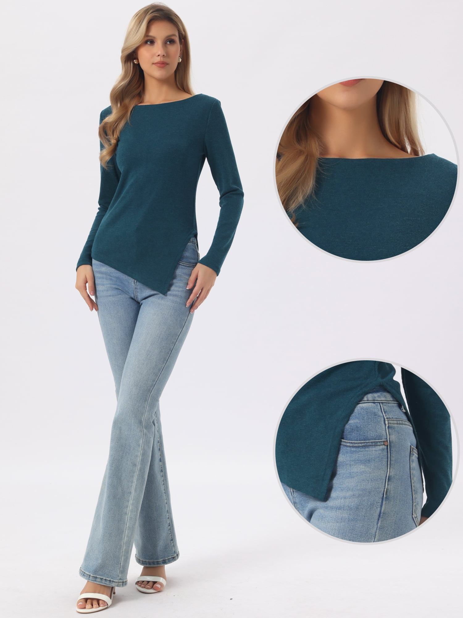 DARING DIVA Women's Spring High Low Stylish Boat Neck Pullover Sweaters L Blue Green