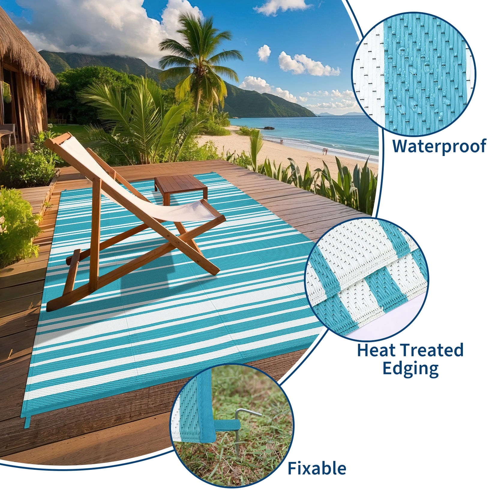 HIWEAVER 8' x 10' Light Blue Outdoor Rug PP Plastic Straw Woven Waterproof Patio Rug with Border Portable Outside Carpet for Balcony Deck Picnic Garden Decor